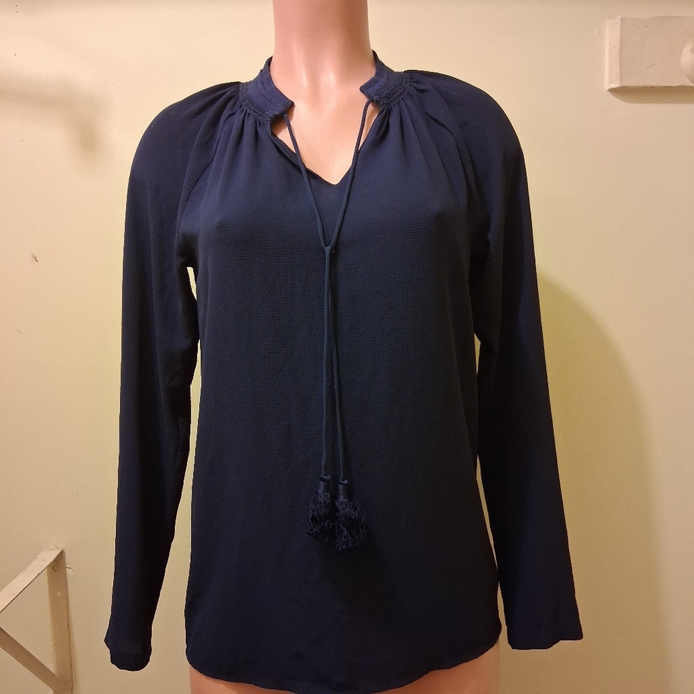 Michael Kors Navy Blue Long Sleeve Tassel Tie Neck Blouse Size XS